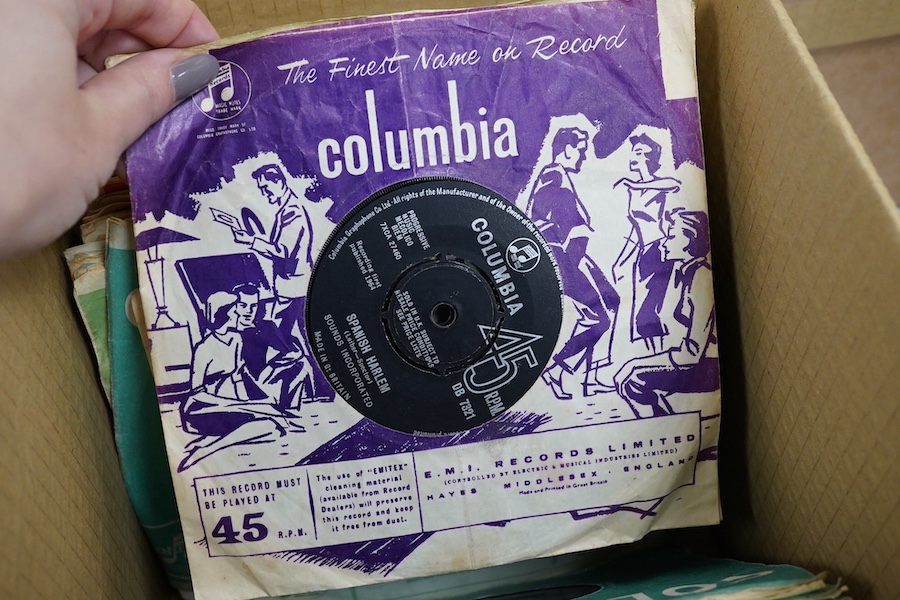 Three boxes of 7 inch singles, all on the Columbia label, artist include; the Shadows, Cliff Richard, the John Barry Seven, Michael Holliday, Frank Ifield, Helen Shapiro, Paul Anka, The Dave Clark Five, Pat Wayne, the An